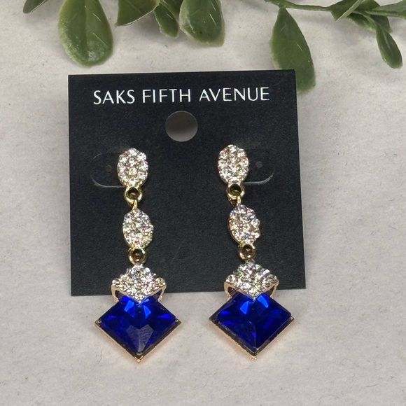 Saks Fifth Ave Pave Teardrop Crystal Post With Drop Blue Crystal Earrings - Picture 2 of 9